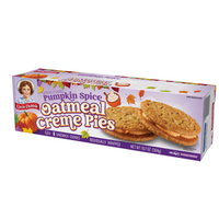 Left-angle view of a Little Debbie Pumpkin Spice Oatmeal Creme Pies 8-count box of individually wrapped sandwich cookies.
