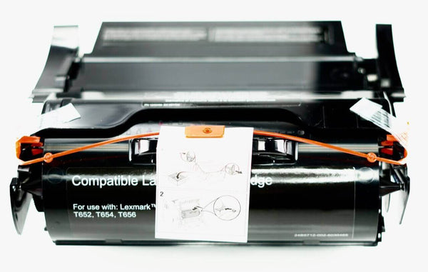 This is the front view of the Lexmark T650 black replacement laserjet toner cartridge by NXT Premium toner