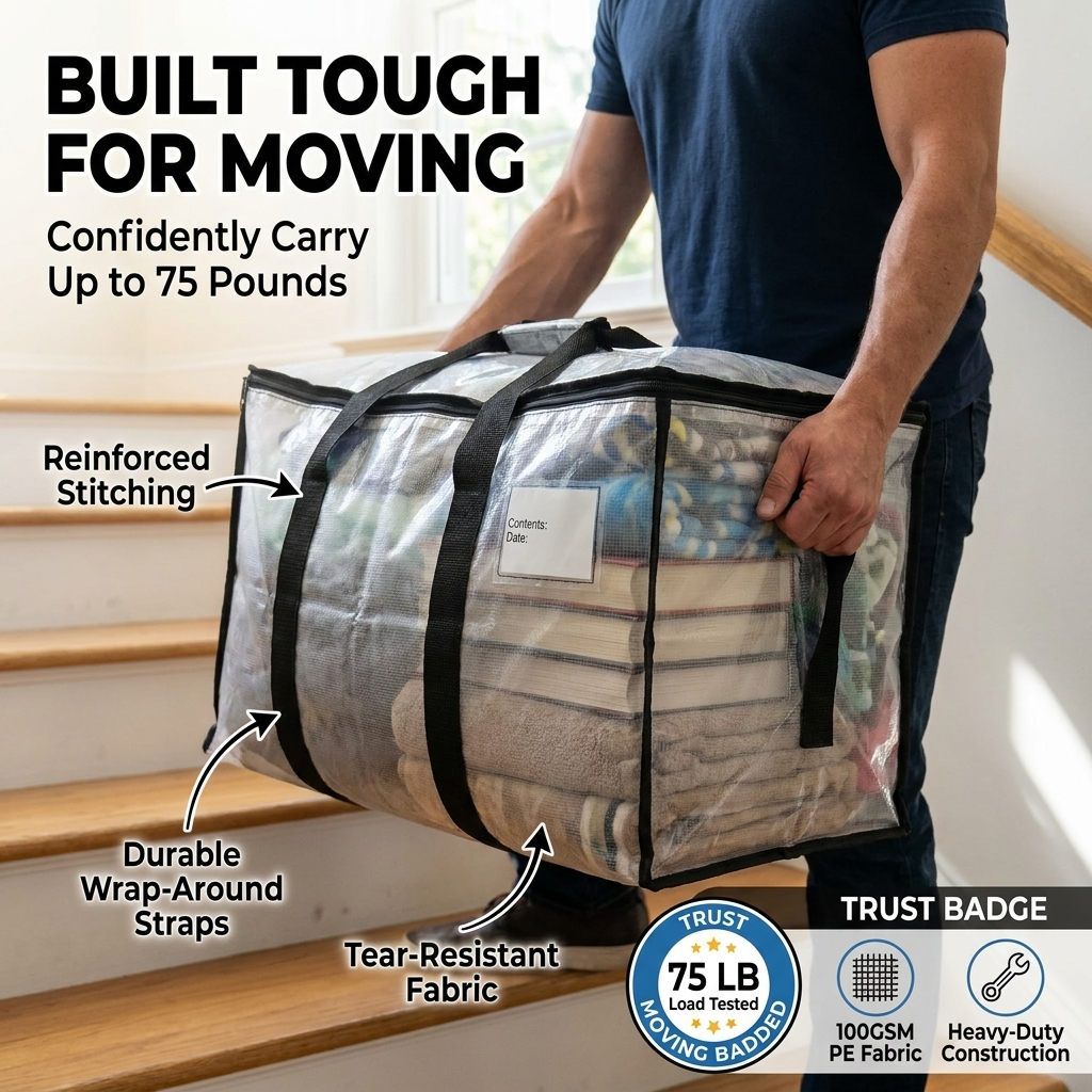 LiftEZ Heavy Duty Semi-Transparent Moving Bags, 23-Gallon Reusable Storage Totes with Reinforced Handles & #5 Metal Zippers, Water-Resistant, 75 lb Capacity, 4 Pack
