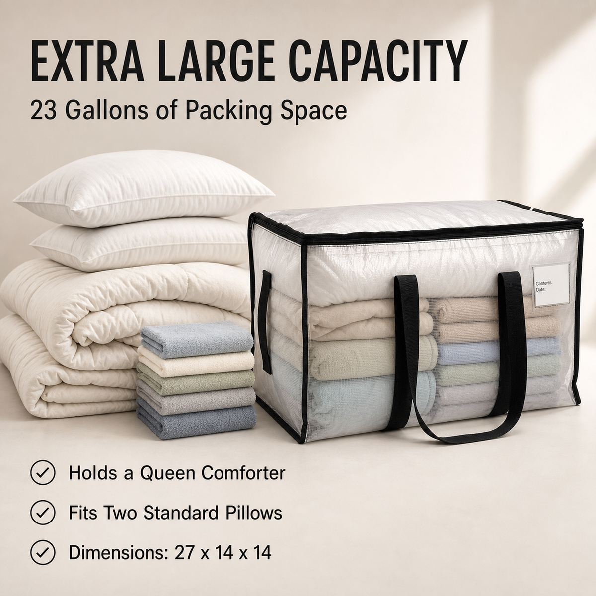 LiftEZ Heavy Duty Semi-Transparent Moving Bags, 23-Gallon Reusable Storage Totes with Reinforced Handles & #5 Metal Zippers, Water-Resistant, 75 lb Capacity, 4 Pack