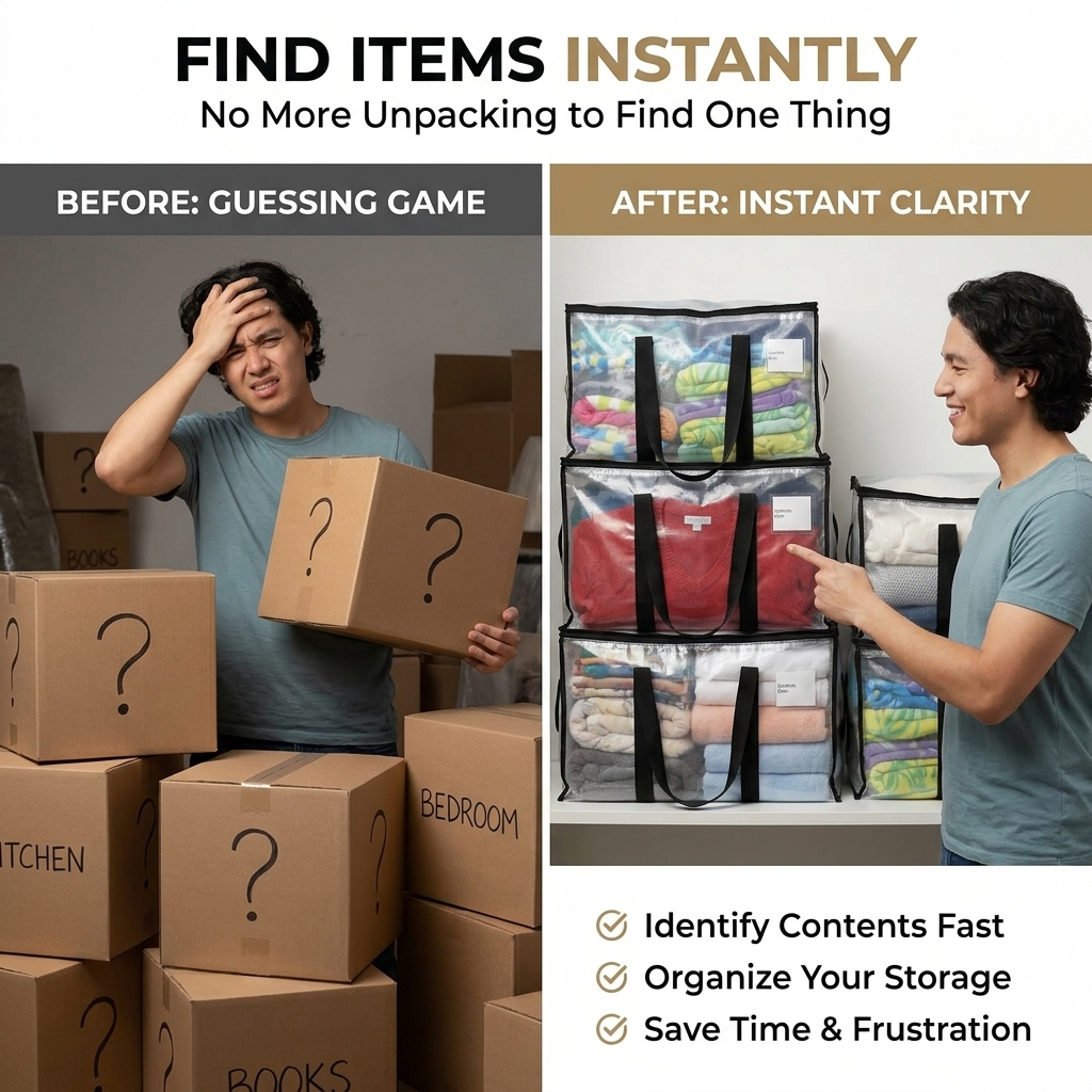 LiftEZ Heavy Duty Semi-Transparent Moving Bags, 23-Gallon Reusable Storage Totes with Reinforced Handles & #5 Metal Zippers, Water-Resistant, 75 lb Capacity, 4 Pack