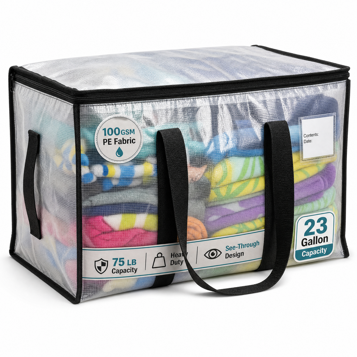 LiftEZ Heavy Duty Semi-Transparent Moving Bags, 23-Gallon Reusable Storage Totes with Reinforced Handles & #5 Metal Zippers, Water-Resistant, 75 lb Capacity, 4 Pack