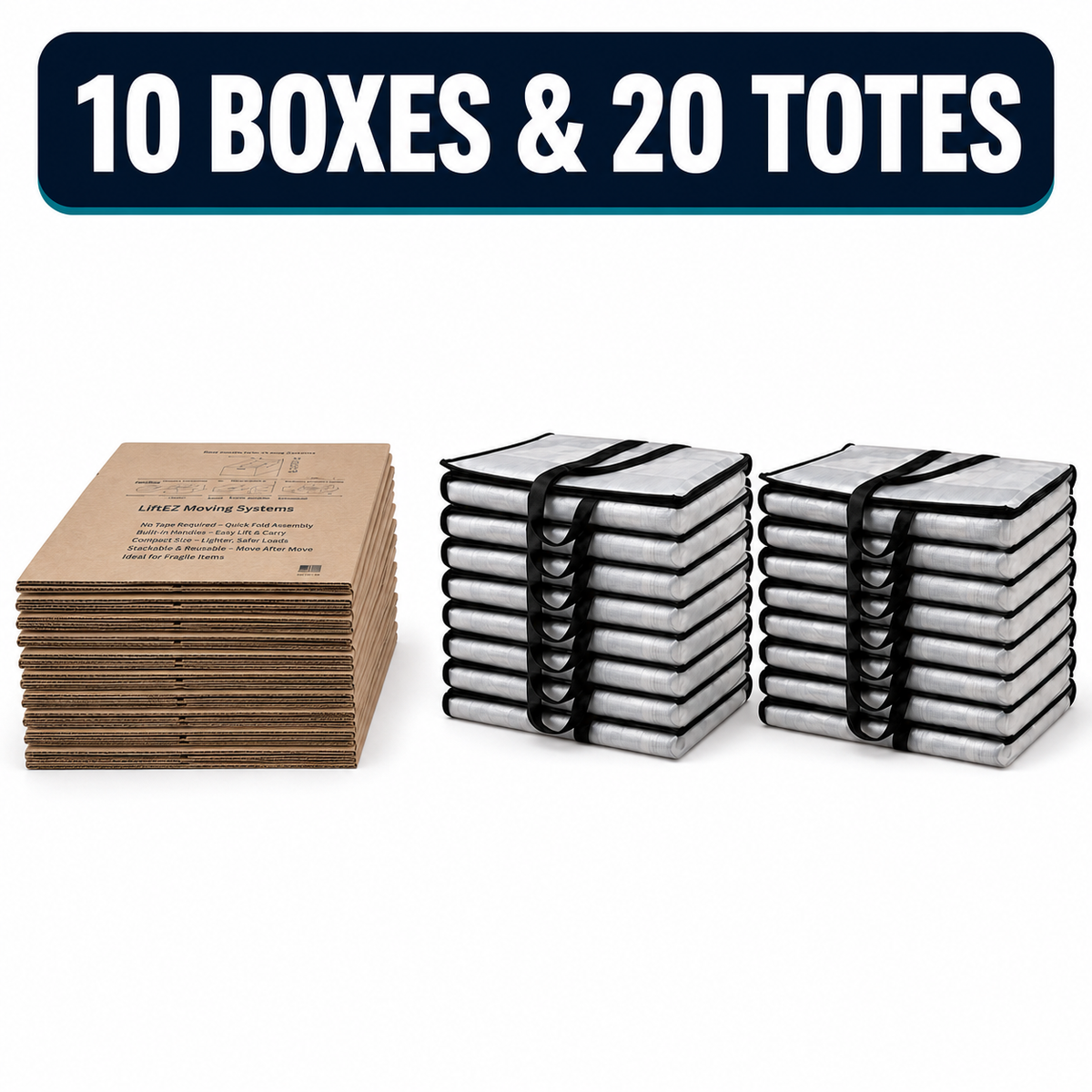 A stack of brown cardboard moving boxes next to two stacks of silver-gray plastic moving totes, each tied with a black strap. A dark blue banner at the top reads '10 BOXES & 20 TOTES' in white text.