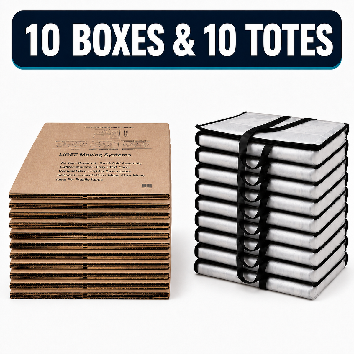 A stack of brown cardboard moving boxes next to a stack of white protective moving totes bound with black straps, under a dark blue banner that reads '10 BOXES & 10 TOTES'.