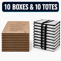 A stack of brown cardboard moving boxes next to a stack of white protective moving totes bound with black straps, under a dark blue banner that reads '10 BOXES & 10 TOTES'.