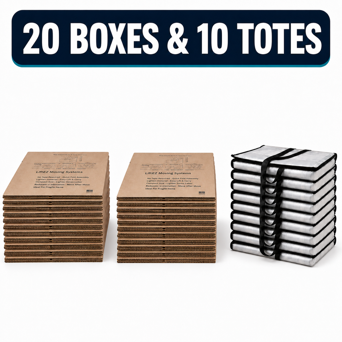 A bulk product display showing stacks of brown cardboard boxes and a stack of silver insulated coolers with black straps, under a dark blue banner that reads '20 BOXES & 10 TOTES'.