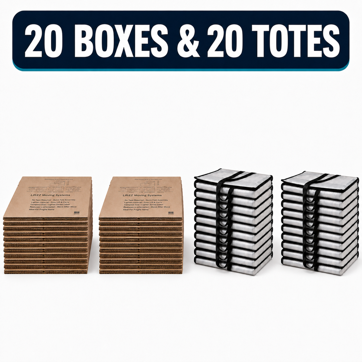 A promotional product image showing stacks of brown cardboard boxes and black-and-white striped storage totes, with a dark blue banner at the top reading '20 BOXES & 20 TOTES' on a light gray background.