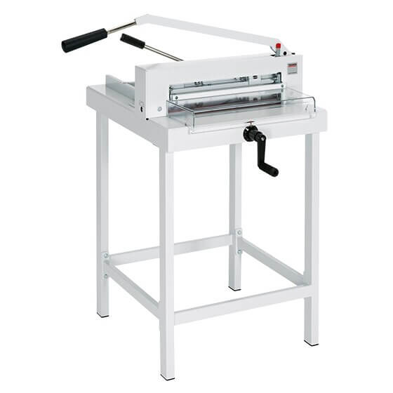 This is the MBM Triumph 4305 paper cutter with the stand. It is facing to the right to show off all angles of the machine.