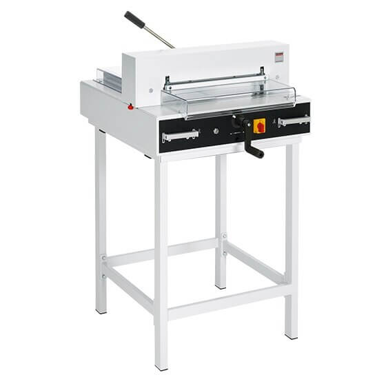 The triumph 4315 paper cutter is a dependable semi-automatic tabletop cutter with electric blade drive, manual fast-action clamp, and EASY CUT blade activation.