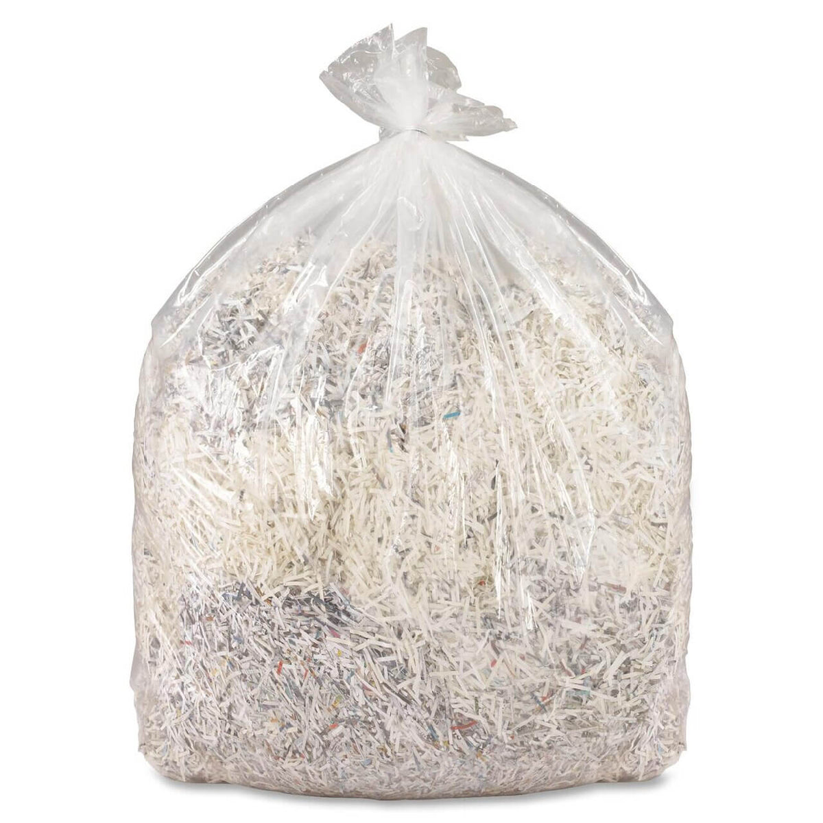 MBM 902 Shred Bag with paper shreddings for use in the MBM 2360, 2401L, 2402, 2403, and 2404 shredders. Shows the tear resistance of the bag