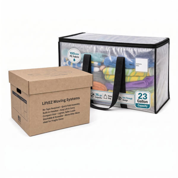 A LiftEZ Moving Systems 23 Gallon capacity storage container shown in two views: one in its brown cardboard shipping box and another unpacked view showing clear PE fabric with black handles and a colorful interior.