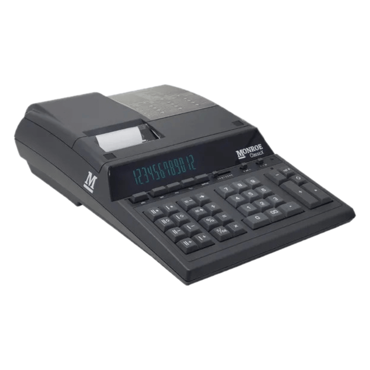 Monroe ClassicX Bundle - Includes (1) ClassicX Heavy-Duty Printing Calculator with a Foam Elevation Wedge, (6) M33X Ribbon Cartridges, and (12) Premium Paper Rolls (CLASSICXBSP1) (Tilted Right)