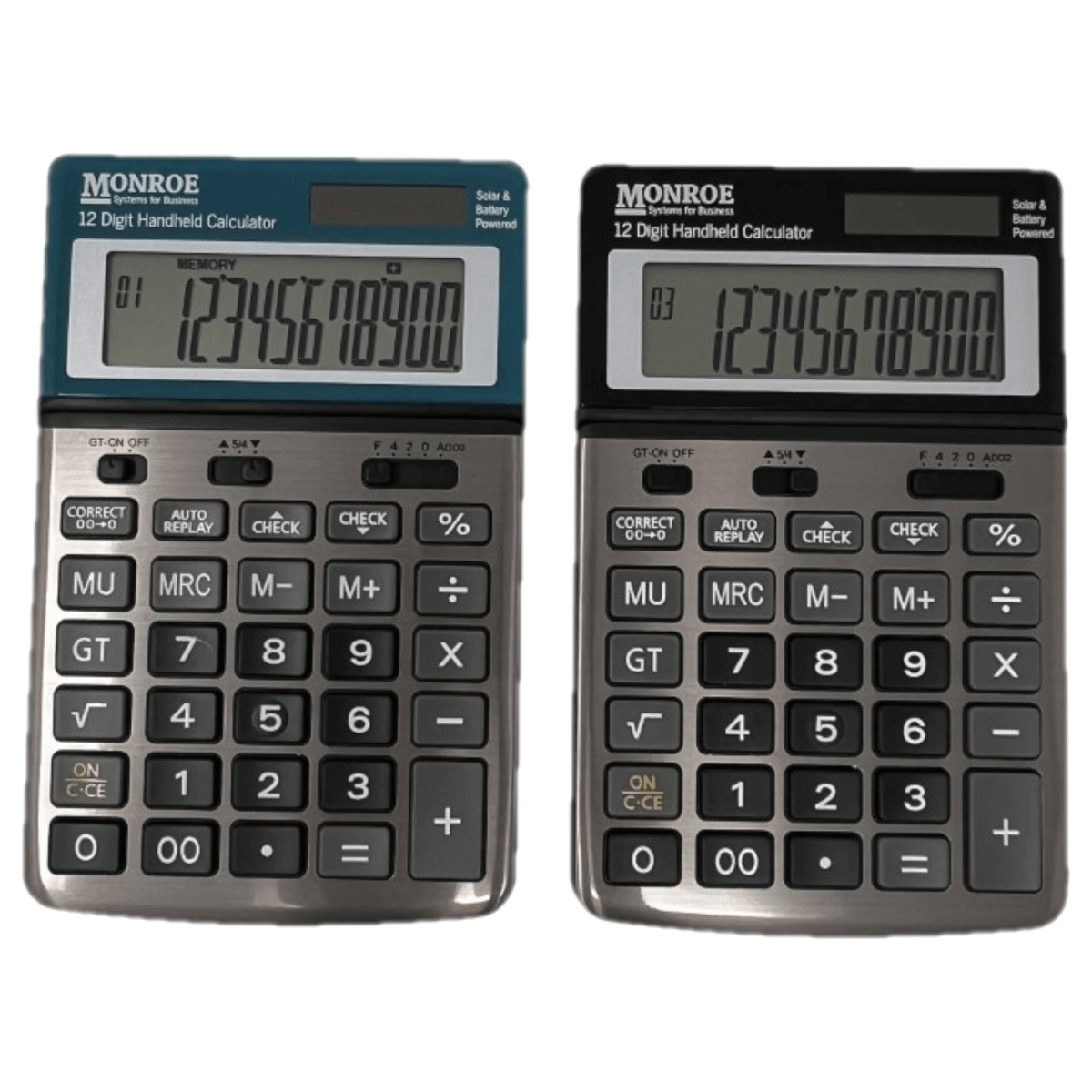 Monroe Handheld 12-Digit Calculator With Check And Correct Functionality (Blue and Black)