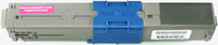 This is the front view of the Okidata 44469702 magenta replacement laserjet toner cartridge by NXT Premium toner