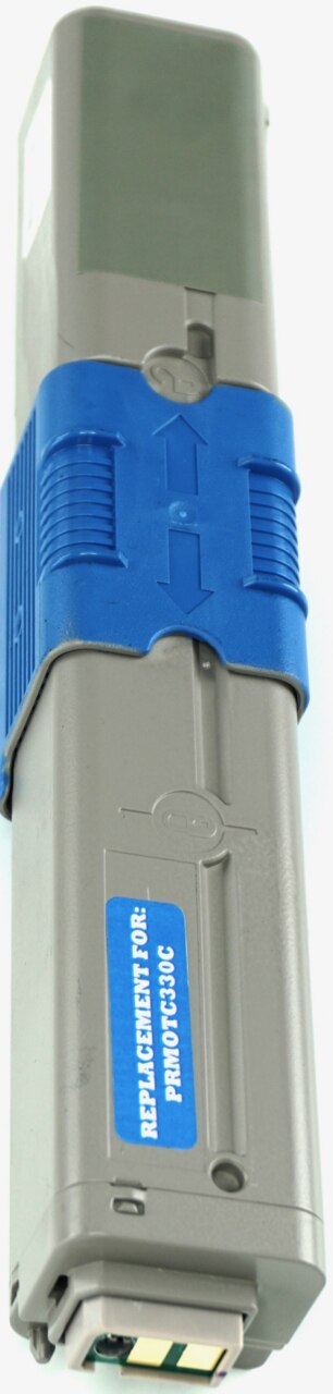 This is the right side view of the Okidata 44469703 cyan replacement laserjet toner cartridge by NXT Premium toner