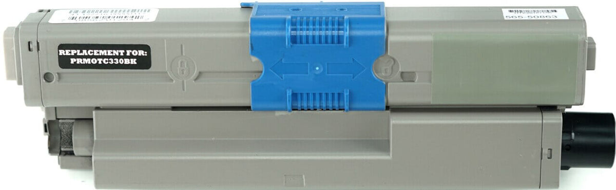 This is the front view of the Okidata 44469801 black replacement laserjet toner cartridge by NXT Premium toner
