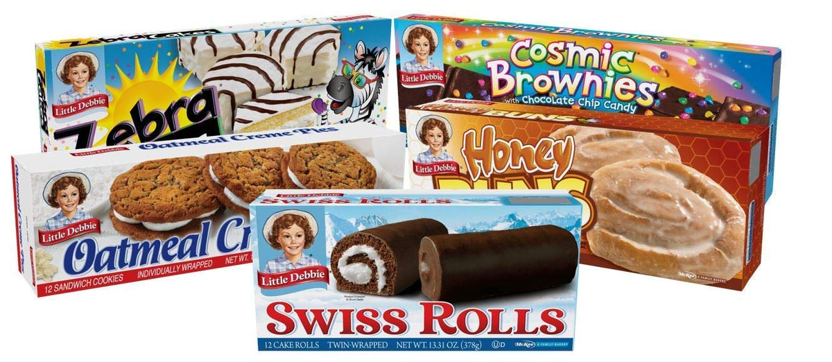 Little Debbie Variety Pack includes one box each of the following: Swiss Rolls, Zebra Cakes, Honey Buns, Oatmeal Creme Pies, and Cosmic Bownies