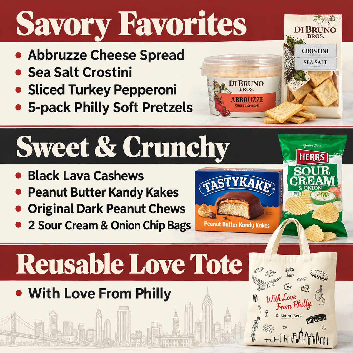 Graphic grouping the savory snacks, sweets and reusable tote included in the Philly Favorites Gift Bag.