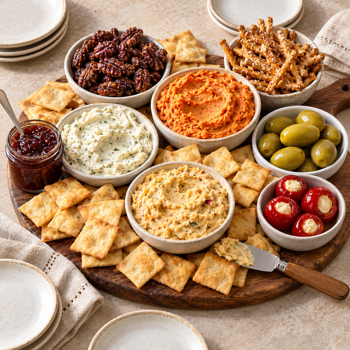 Di Bruno Bros. Happy Hour Kit box with three cheese spreads, crostini, olives, pepper shooters, jam, pretzels, candied nuts, and snack mix.
