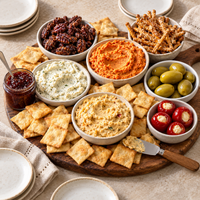 Di Bruno Bros. Happy Hour Kit box with three cheese spreads, crostini, olives, pepper shooters, jam, pretzels, candied nuts, and snack mix.