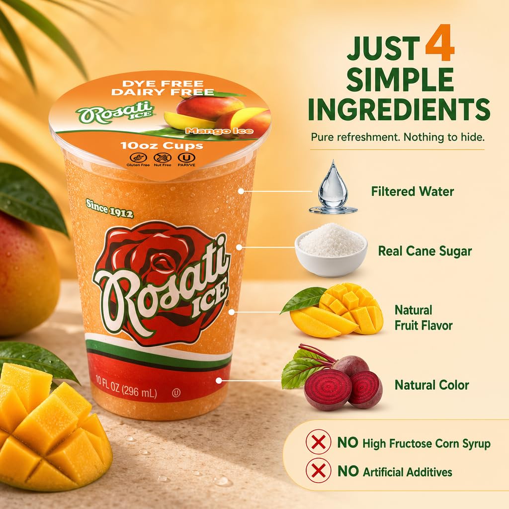 Rosati Ice Mango Ice 10oz cup on a warm beige background with fruit graphics and text highlighting simple ingredients: filtered water, real cane sugar, natural fruit flavor, and natural color.