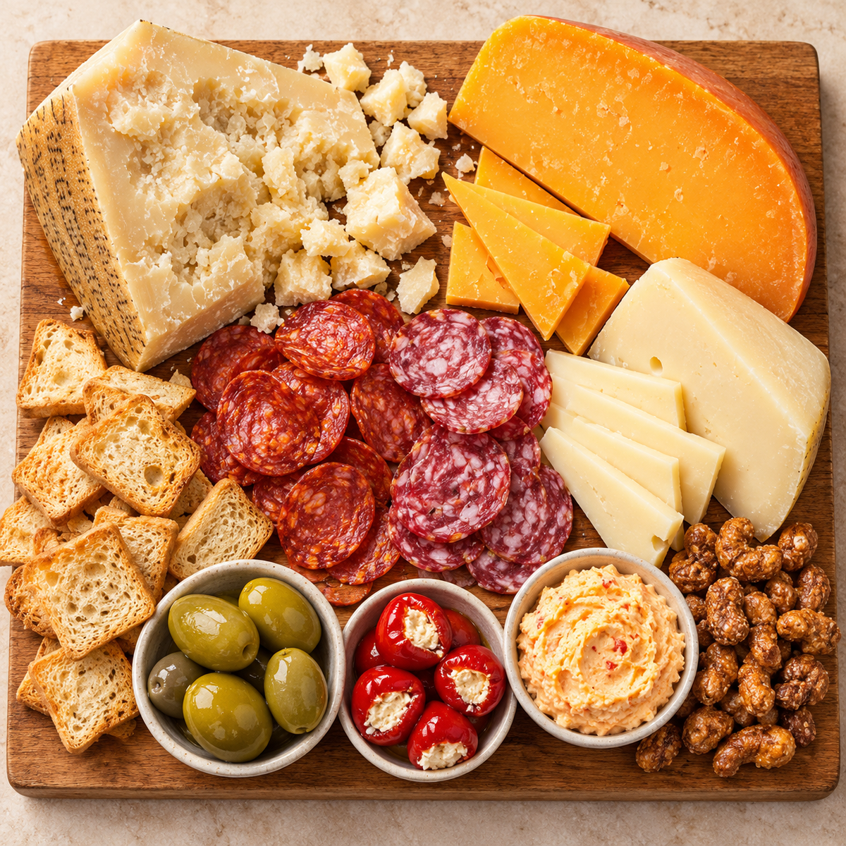 Serving suggestion with cheeses, cured meats, crostini, olives, pepper shooters, cheese spread, and candied nuts