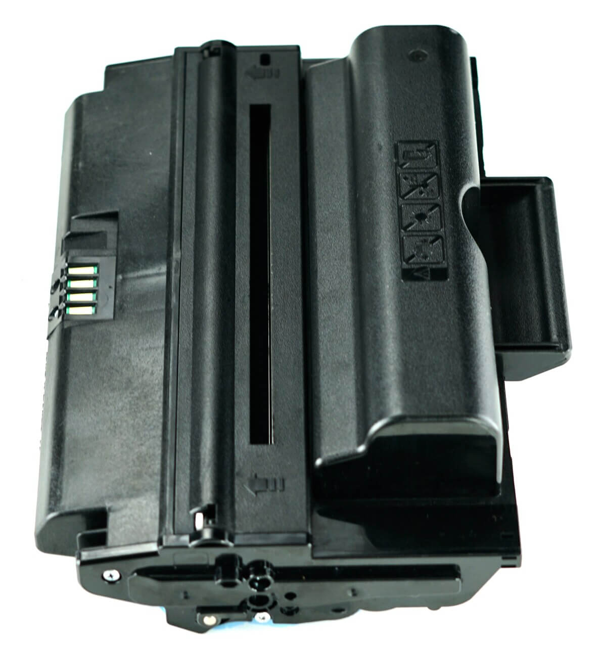 This is the bottom view of the Samsung MLT-D206L black replacement laserjet toner cartridge by NXT Premium toner. It is meant to show off the packing that seals the toThis is the front view of the Samsung MLT-D206L black replacement laserjet toner cartridge by NXT Premium tonerner to prevent it from drying out.
