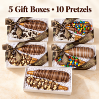 Five gift boxes of Sarah's Pretzels, each containing two chocolate-dipped pretzels decorated with drizzles, nuts, and colorful candies, arranged on a light beige background with the text '5 Gift Boxes • 10 Pretzels' at the top.