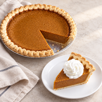 Slice of Brown’s Market Sweet Potato Pie with whipped cream on a plate beside the remaining pie.