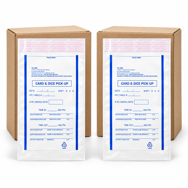 Two brown cardboard boxes with white plastic identification pouches featuring blue printed text and fields for card and dice pickup, shown on a clean white background.