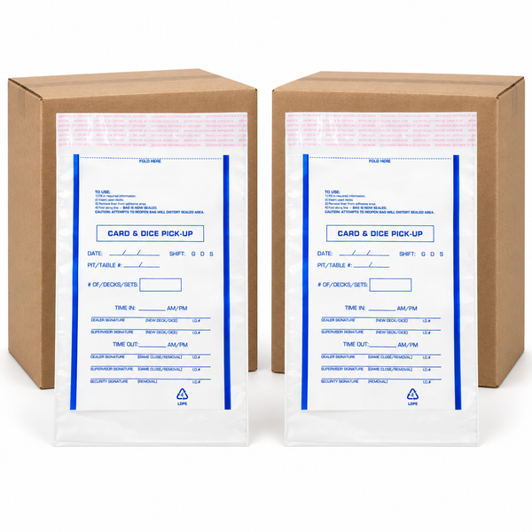Two clear plastic card and dice pick-up bags with blue printed text and lines, shown in front of two brown cardboard boxes on a white background.