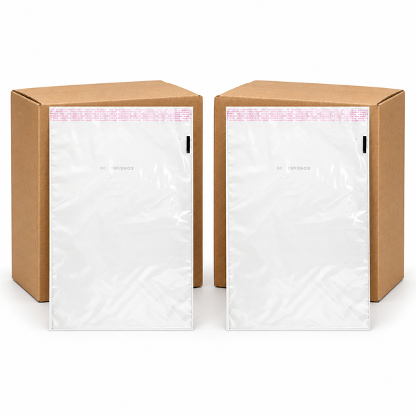 Two brown cardboard shipping boxes, each with a clear plastic mailer envelope attached to the front, photographed on a clean white background.
