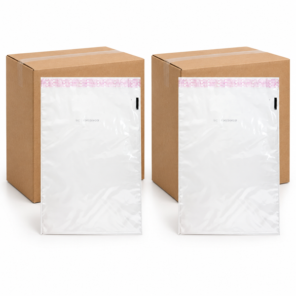 Two clear plastic mailers with pink seal strips, shown in front of brown cardboard boxes on a white background.