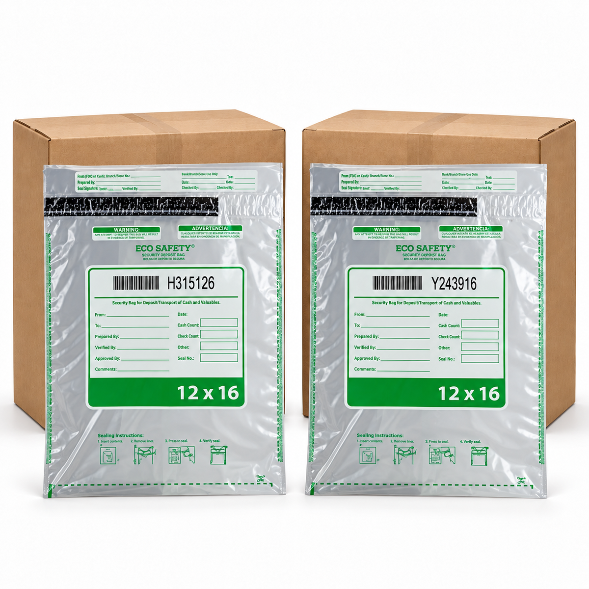 Two clear COC Safety 12x16 security mailers with green and white labels, shown in front of two brown cardboard boxes on a white background.