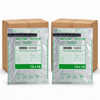 Two clear COC Safety 12x16 security mailers with green and white labels, shown in front of two brown cardboard boxes on a white background.