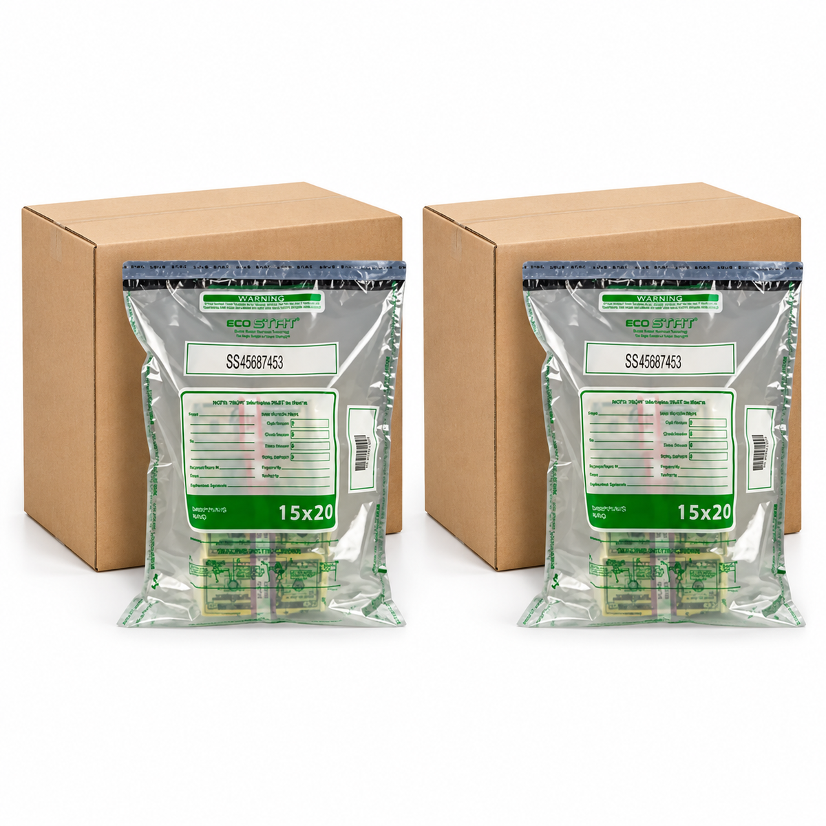 Two clear plastic shipping pouches with green and white labels reading 'ECO EFFECT' and '15x20' are placed in front of two brown cardboard boxes on a white studio background.