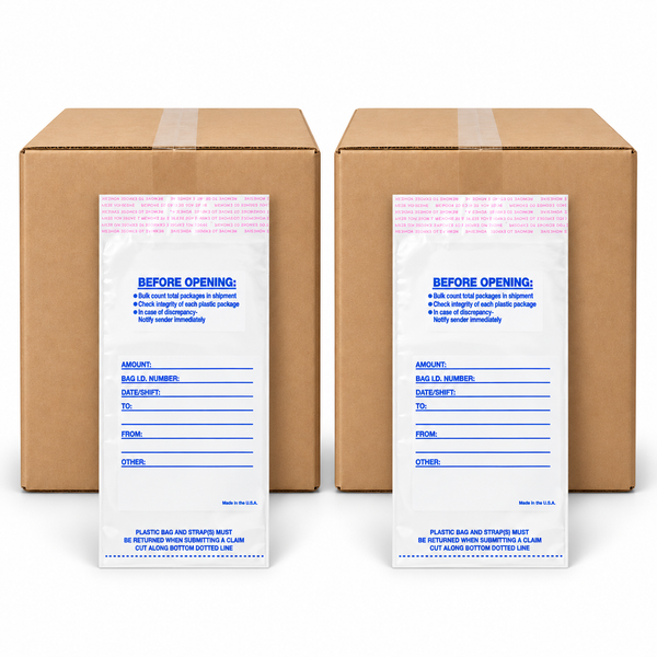 Two brown cardboard boxes with white plastic shipping and sample labeling sleeves on the front, photographed on a clean white background.