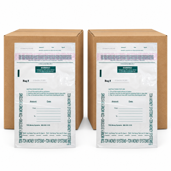 Two brown cardboard shipping boxes, each with a white TON Money Systems document bag attached, photographed against a plain white background.