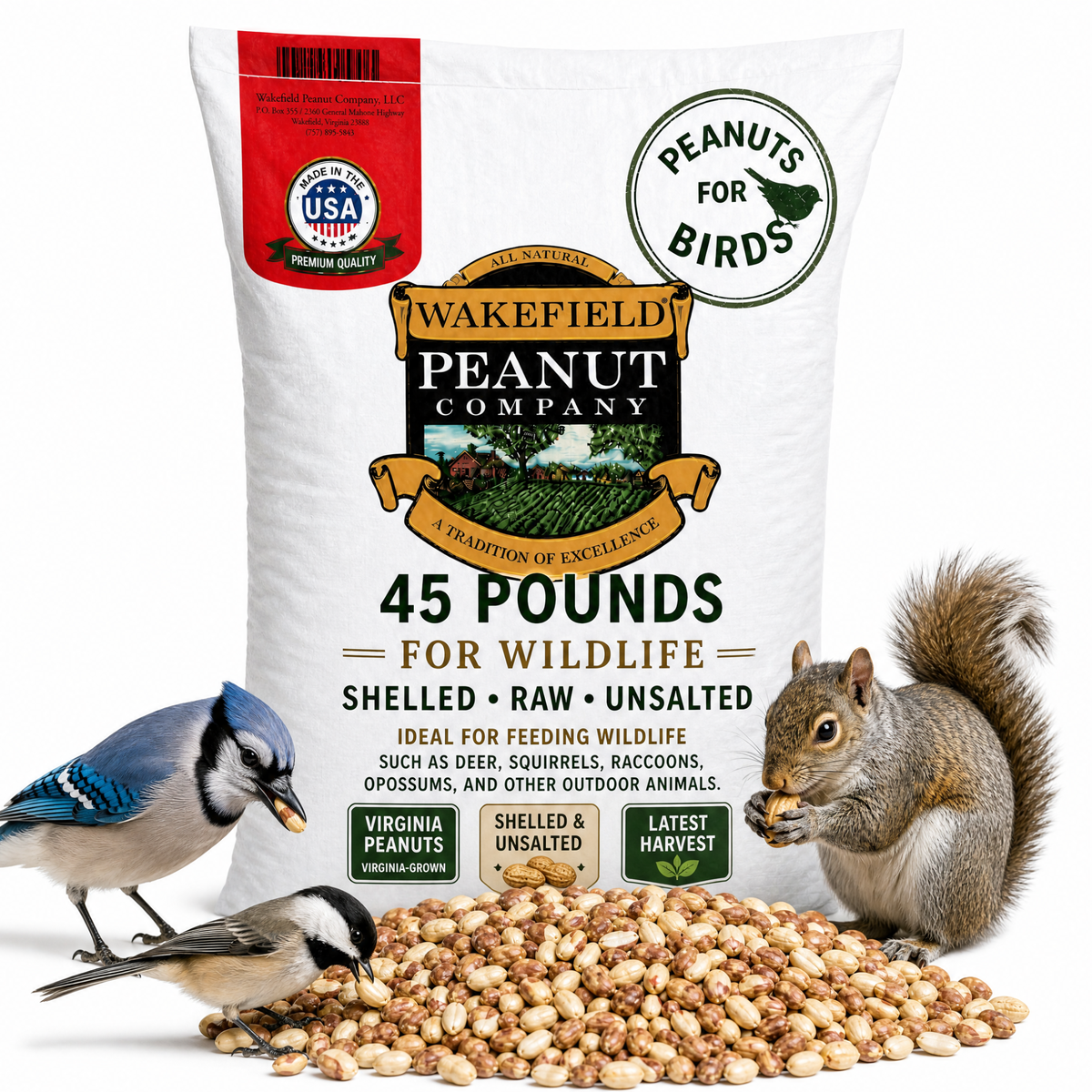 A white bag of Wakefield Peanut Company peanuts for birds, shown with a pile of shelled raw peanuts in front and several birds and a squirrel around it on a white background.