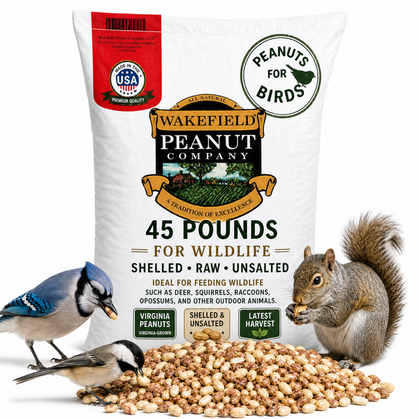 A white bag of Wakefield Peanut Company peanuts for birds, shown with a pile of shelled raw peanuts in front and several birds and a squirrel around it on a white background.