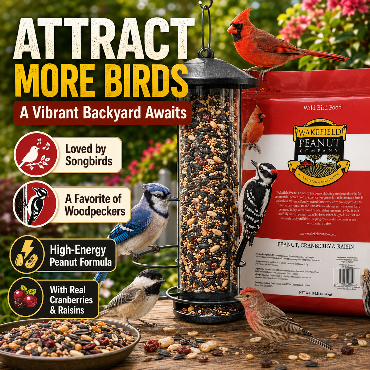 Wakefield peanut, cranberry and raisin bird seed attracting cardinals, woodpeckers and songbirds