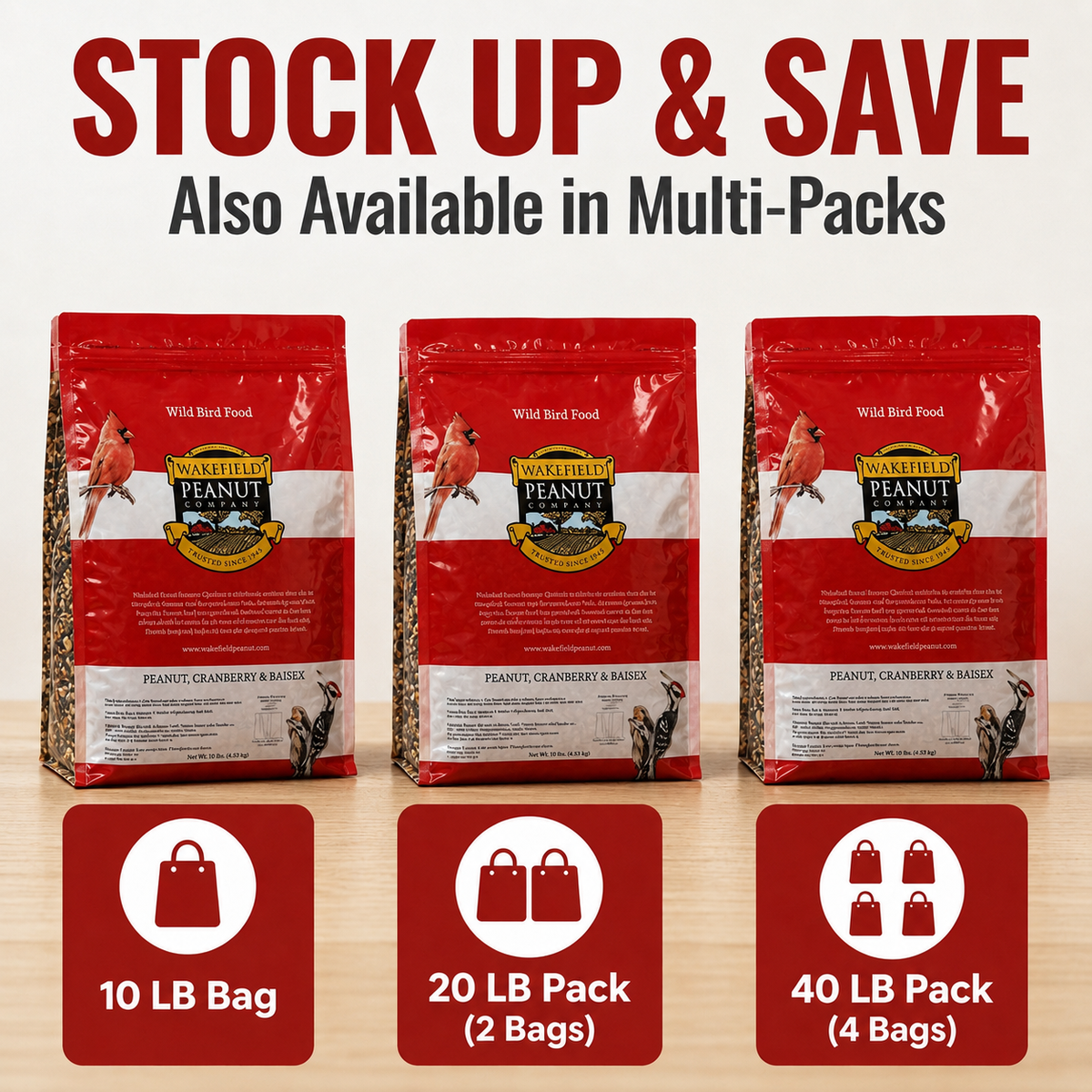 Wakefield Peanut, Cranberry and Raisin Bird Seed available in 10, 20 and 40 lb quantities