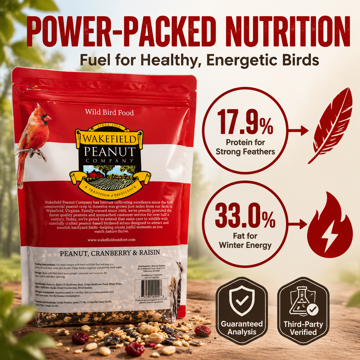 Wakefield high-protein bird seed with 17.9 percent protein and 33 percent fat for dietary energy