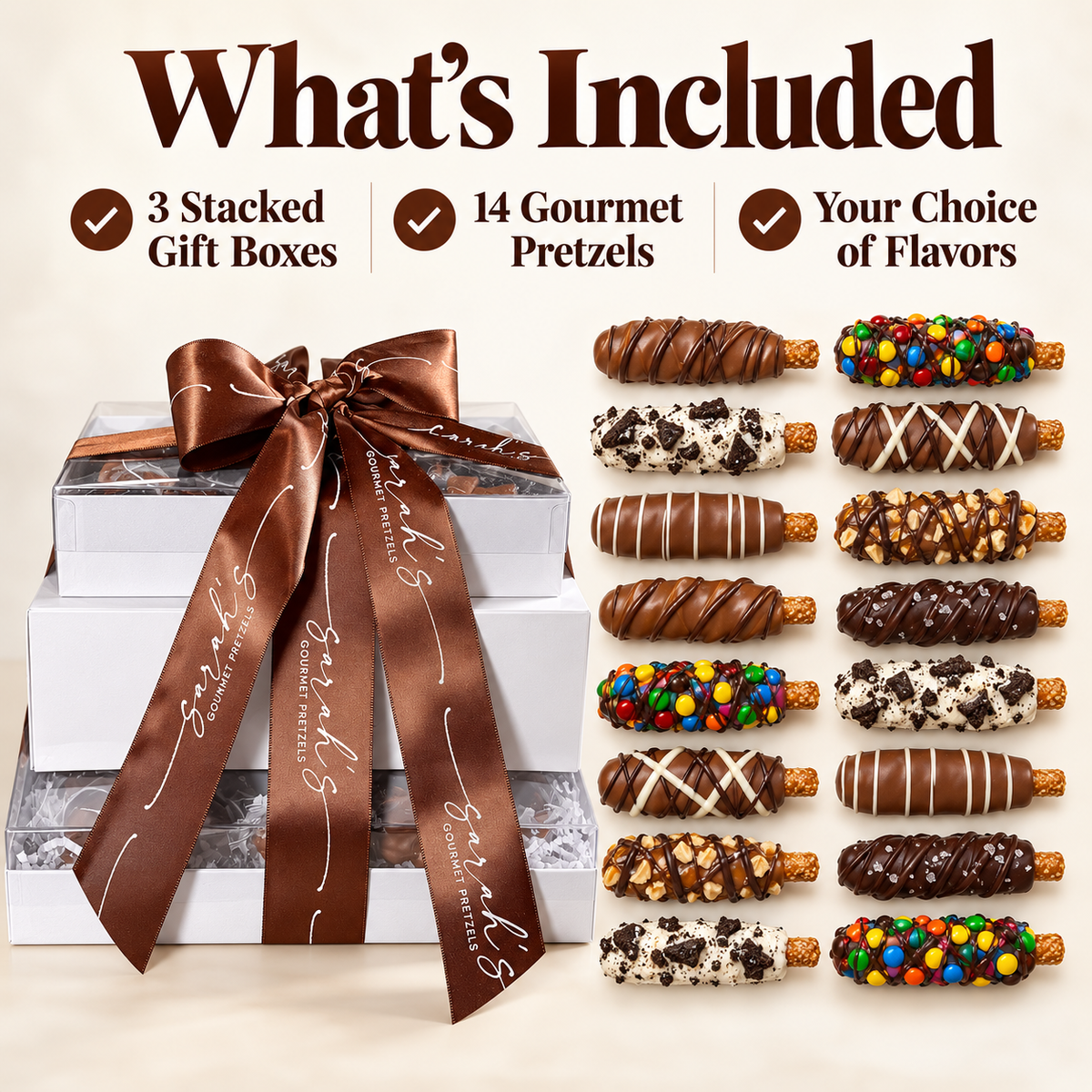 What’s included in Sarah’s Gourmet Pretzels tower with three gift boxes and 14 customizable chocolate-covered pretzel rods