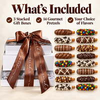 What’s included in Sarah’s Gourmet Pretzels tower with three gift boxes and 14 customizable chocolate-covered pretzel rods