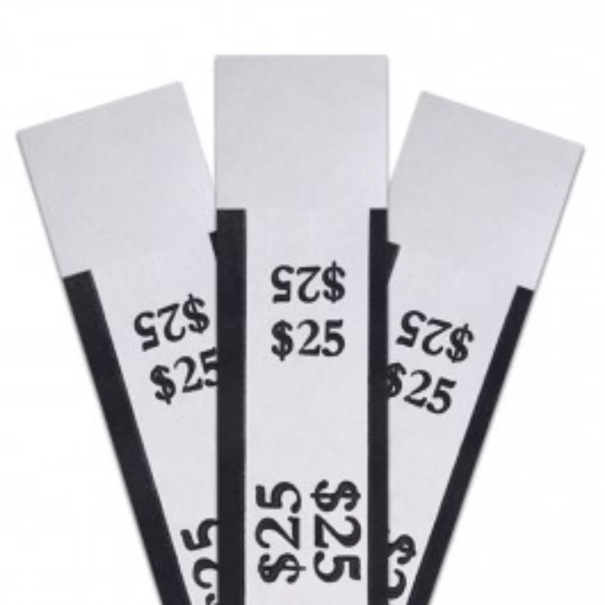 Black pre-sealed currency straps printed with a $25 total