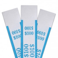 Blue pre-sealed currency straps for a $100 stack of one-dollar bills