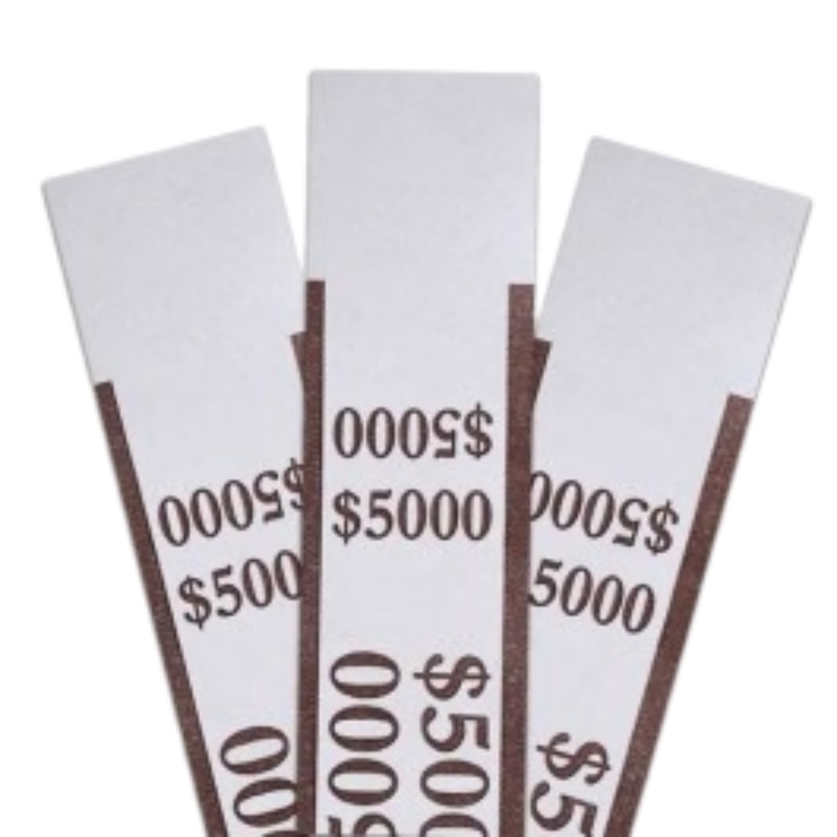 Brown pre-sealed currency straps for a $5,000 stack of fifty-dollar bills