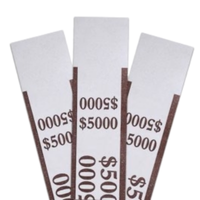 Brown pre-sealed currency straps for a $5,000 stack of fifty-dollar bills