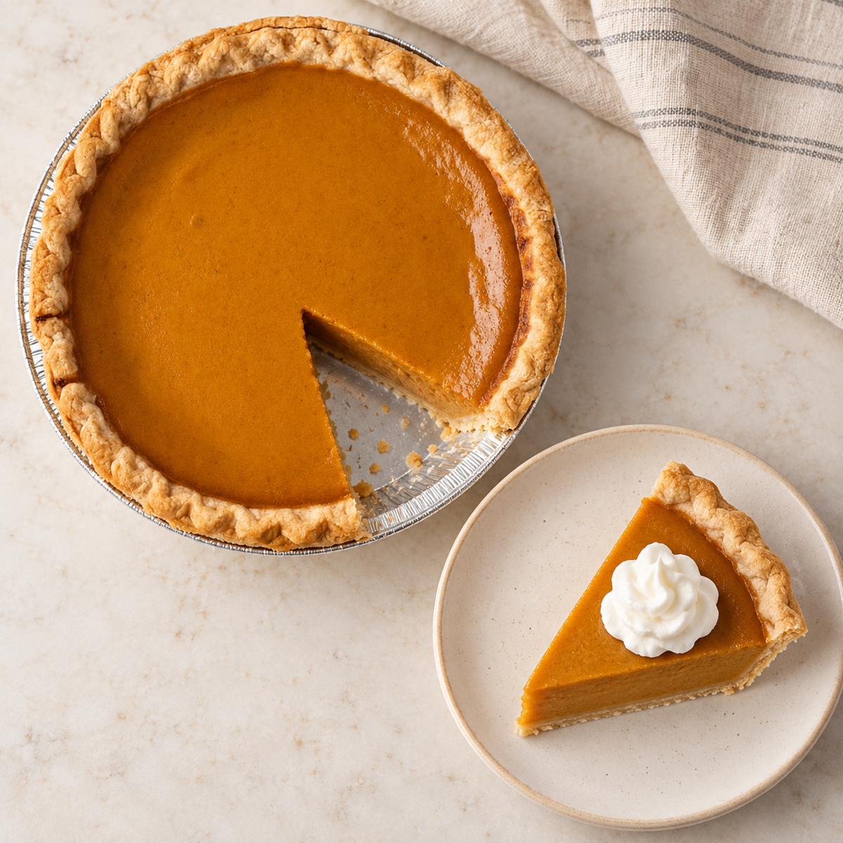 Serving suggestion of a pumpkin pie slice with whipped cream beside the remaining pie. The whipped cream is optional and not included.